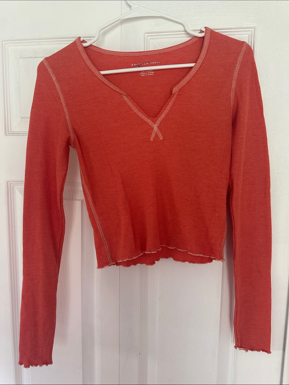 American Eagle Outfitters Coral-Red Ribbed V-Neck Long Sleeve Top